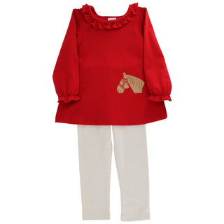 Flat lay of Bailey Boys Pony Pals girls outfit set featuring red long sleeved ruffle tunic with pony embroidery and neutral knit pants