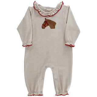 Bailey Boys Pony Pals Kendall Romper with neutral microstripes, embroidered pony, red trim, and ruffled details on collar and sleeves.