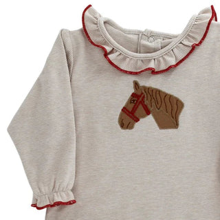 Close up of Bailey Boys Pony Pals Romper with neutral microstripes, embroidered pony, red trim, and ruffled details on collar and sleeves.