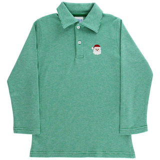 Bailey Boys Santa on Kelly embroidered green microstripe long sleeve polo shirt with festive Santa design, perfect for holiday outfits.