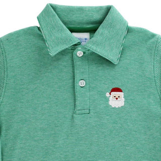Close up of Bailey Boys Santa on Kelly embroidered green microstripe long sleeve polo shirt with festive Santa design