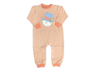 Infant snowman romper with orange and white stripes, blue hat applique, and cozy cotton knit—perfect for baby’s winter and holiday outings.