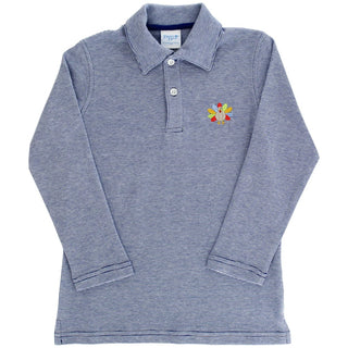 Flat lay of Bailey Boys royal microstripe long sleeve polo with embroidered turkey detail on chest. Perfect for Thanksgiving.