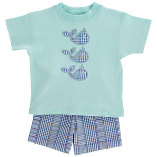Bailey Boys Whale Wishes boys short set with aqua tee featuring three gingham whale appliqués and matching  plaid shorts