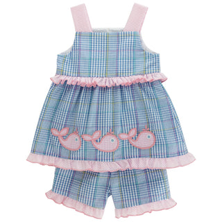 Bailey Boys Whale Wishes girls short set with pastel plaid top, whale appliqués, ruffle trim, and matching plaid shorts with pink ruffles