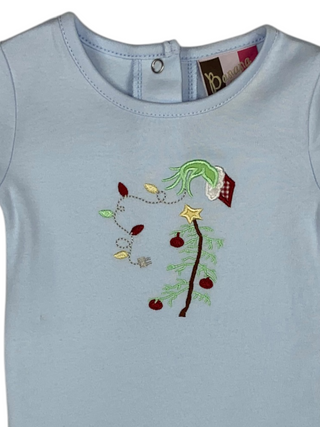 Light blue boy baby romper with embroidered Christmas tree design. 