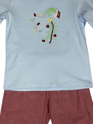 Boys' Christmas outfit with light blue long-sleeve shirt and red checkered pants. 