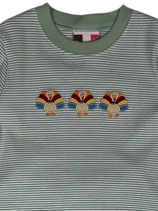 Boys' Thanksgiving outfit with striped shirt with turkey applique and green pants. 