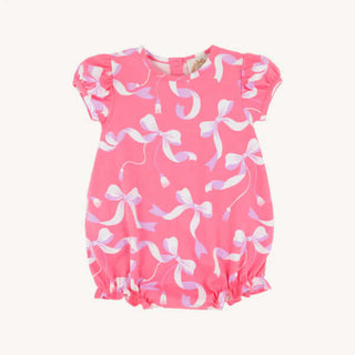 Penny’s Play Bubble in Bagley Bows by The Beaufort Bonnet Company – pink romper with puff sleeves and sweet white bow print.