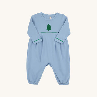 Long Sleeve Bradford Romper - Barrington Blue and Kiawah Kelly Green with Embroidered Christmas Tree/TBBC