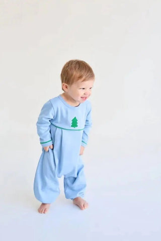 Long Sleeve Bradford Romper - Barrington Blue and Kiawah Kelly Green with Embroidered Christmas Tree/TBBC-Infants-Simply Blessed Children's Boutique