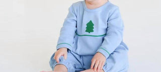 Long Sleeve Bradford Romper - Barrington Blue and Kiawah Kelly Green with Embroidered Christmas Tree/TBBC-Infants-Simply Blessed Children's Boutique