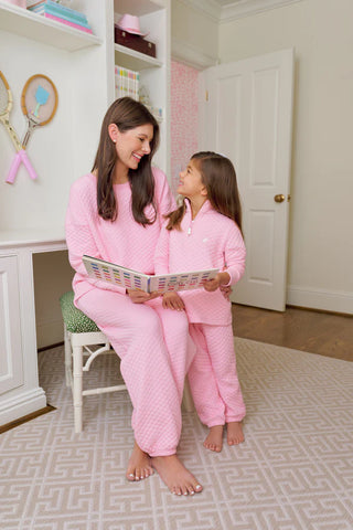 Mom & Me quilted sets in Sandpearl Pink—Cassidy Crewneck, Gates Sweatpant, Canter Half-Zip for women and girls.