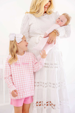 TBBC Big Sister Cassidy Comfy Crewneck - Palm Beach Pink Gingham/Palm Beach Pink/Hampton's Hot Pink/Big Sister-Girls Sweatshirt/Pullover-Simply Blessed Children's Boutique