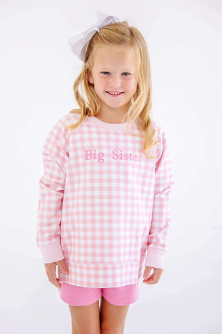 TBBC Big Sister Cassidy Comfy Crewneck - Palm Beach Pink Gingham/Palm Beach Pink/Hampton's Hot Pink/Big Sister-Girls Sweatshirt/Pullover-Simply Blessed Children's Boutique