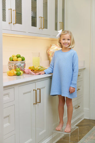 Girls quilted long-sleeve crewneck dress in soft Barrington Blue, perfect for layering, school outfits, or cozy Southern fall days