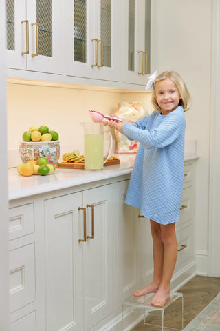 Light blue quilted girls crewneck dress with ribbed cuffs and hem, great for cool weather, school days, and casual boutique charm