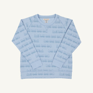 Cassidy Comfy Crewneck Boys French Terry - Blue Choo Choos/Beale Street Blue by The Beaufort Bonnet Company-Boys Sweatshirt/Pullover-Simply Blessed Children's Boutique