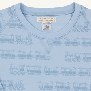 Cassidy Comfy Crewneck Boys French Terry - Blue Choo Choos/Beale Street Blue by The Beaufort Bonnet Company-Boys Sweatshirt/Pullover-Simply Blessed Children's Boutique