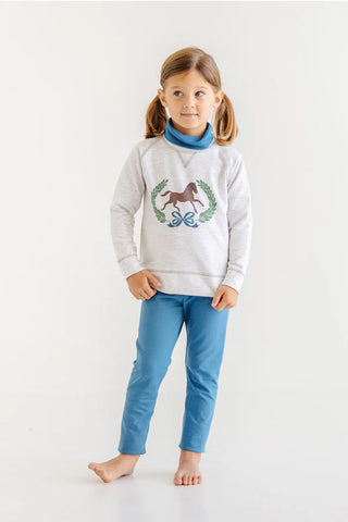 Light gray sweatshirt with a horse design and barnsley blue Mitzi Sue slacks from TBBC