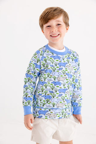 Cassidy Comfy Crewneck Boys FT - Bal Harbour Hippo (Beale Street Blue)/Sunrise Blvd Blue by The Beaufort Bonnet Company-Boys Sweatshirt/Pullover-Simply Blessed Children's Boutique