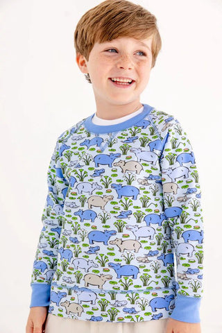 Cassidy Comfy Crewneck Boys FT - Bal Harbour Hippo (Beale Street Blue)/Sunrise Blvd Blue by The Beaufort Bonnet Company-Boys Sweatshirt/Pullover-Simply Blessed Children's Boutique