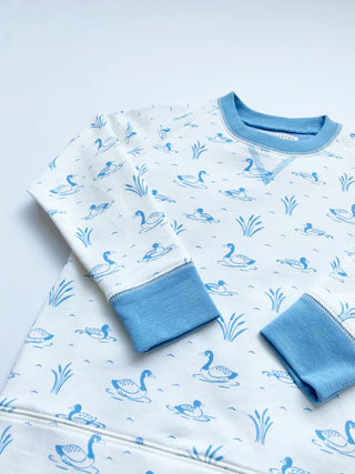 Cassidy Comfy Crewneck Sweatshirt in Quack Quack Honk print with Barrington Blue trim on collar and long sleeve cuffs