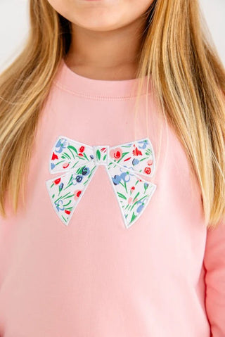 Cassidy Comfy Crewneck Puff Sleeve Sweatshirt - Sandpearl Pink/Fair St Floral/Bow by The Beaufort Bonnet Company - Simply Blessed Children's Boutique