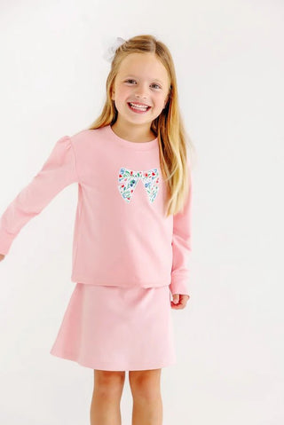 Cassidy Comfy Crewneck Puff Sleeve Sweatshirt - Sandpearl Pink/Fair St Floral/Bow by The Beaufort Bonnet Company - Simply Blessed Children's Boutique