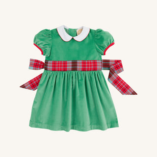 Cindy Lou Sash Dress - Kiawah Kelly Green Velveteen with Wilson Pier Plaid