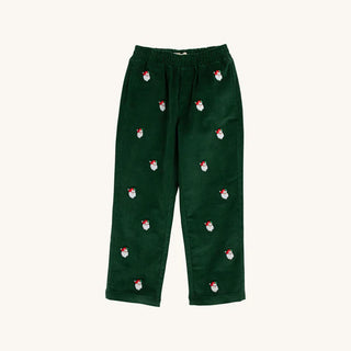 Front view of green Beaufort Bonnet corduroy boys pants with elastic waistband and embroidered Santa Claus motif throughout