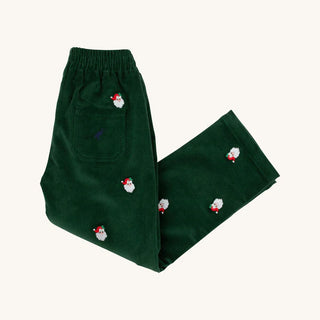 Folded green Beaufort Bonnet corduroy pants with all-over Santa embroidery and back pocket with Nantucket Navy stork 