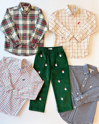 Green corduroy Beaufort Bonnet boys pants with embroidered Santas and elastic waistband, styled with plaid button-down shirts