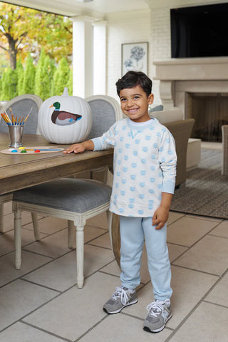 Lightweight Buckhead Blue crewneck with vintage pumpkin pails print—perfect fall sweatshirt for little ones by The Beaufort Bonnet Company.