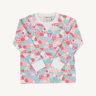 Colorful Cassidy Crewneck in House on the Hill print with ribbed trim and Palmetto Pearl accents by The Beaufort Bonnet Company.