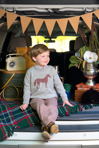 Boy in Isaac’s Intarsia Sweater seated in car trunk with tailgate decor, wearing gray knit with horse silhouette and pink trousers