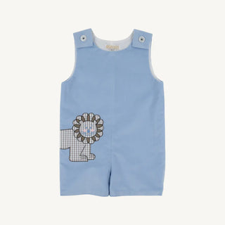 Baby boy’s blue corduroy Jon Jon with playful lion appliqué by The Beaufort Bonnet Company – classic Southern style with whimsical charm.