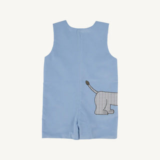 Baby boy’s blue corduroy Jon Jon with playful lion appliqué by The Beaufort Bonnet Company – classic Southern style with whimsical charm.
