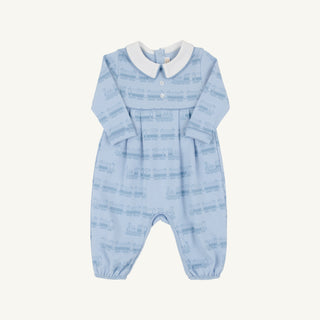 Long Sleeve Bradford Romper- Blue Choo Choos/Worth Ave White by The Beaufort Bonnet Company-One-Piece-Simply Blessed Children's Boutique