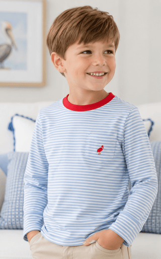 Long Sleeve Carter Crewneck - Barrington Blue Stripe/Richmond Red by The Beaufort Bonnet Company-Boys Long Sleeve Shirts-Simply Blessed Children's Boutique
