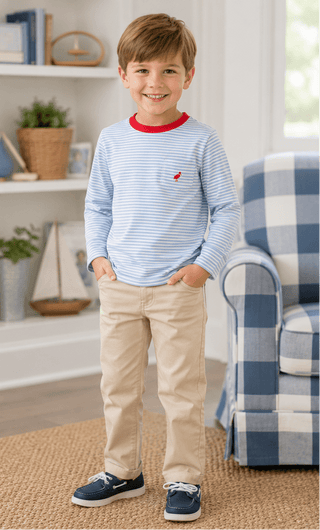 Long Sleeve Carter Crewneck - Barrington Blue Stripe/Richmond Red by The Beaufort Bonnet Company-Boys Long Sleeve Shirts-Simply Blessed Children's Boutique
