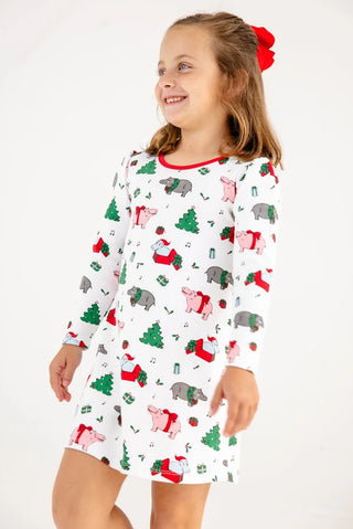 Long Sleeve Penny`s Play Dress - I Want a Hippopotamus/Richmond Red by The Beaufort Bonnet Company
