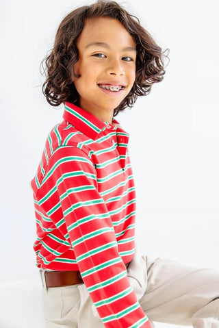Prim and Proper Polo Long Sleeve - Richmond Red Kiawah Kelly Green and Palmetto Pearl Stripe/Palmetto Pearl by The Beaufort Bonnet Company - Simply Blessed Children's Boutique