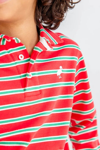Prim and Proper Polo Long Sleeve - Richmond Red Kiawah Kelly Green and Palmetto Pearl Stripe/Palmetto Pearl by The Beaufort Bonnet Company - Simply Blessed Children's Boutique