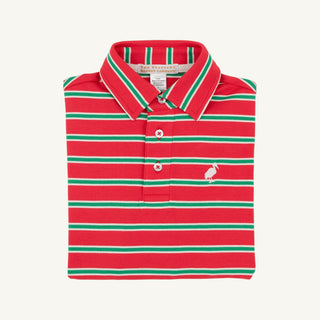 Prim and Proper Polo Long Sleeve - Richmond Red Kiawah Kelly Green and Palmetto Pearl Stripe/Palmetto Pearl by The Beaufort Bonnet Company - Simply Blessed Children's Boutique