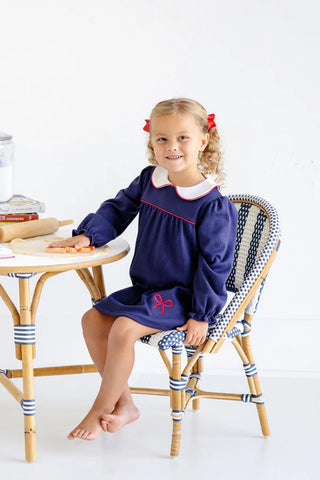 Long Sleeve Maerin Fritz Frock - Nantucket Navy with Worth Avenue White and Richmond Road Red Bow Applique/TBBC