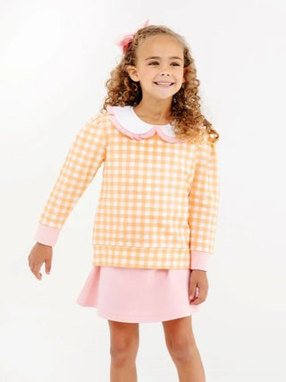 Maude`s Ruffle Cassidy Comfy Crewneck- Seashore Sherbet Gingham/Worth Ave White/Sandpearl Pink by The Beaufort Bonnet Company - Simply Blessed Children's Boutique