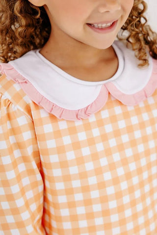 Maude`s Ruffle Cassidy Comfy Crewneck- Seashore Sherbet Gingham/Worth Ave White/Sandpearl Pink by The Beaufort Bonnet Company - Simply Blessed Children's Boutique