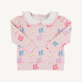 Pink long-sleeve crewneck for girls with colorful cowboy boot print and white ruffled Peter Pan collar from The Beaufort Bonnet Company.