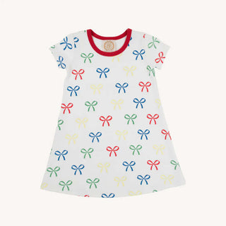 Polly Play Dress with multicolor bows and red trim—soft cotton knit, perfect for school days, playdates, and sweet Southern twirls.